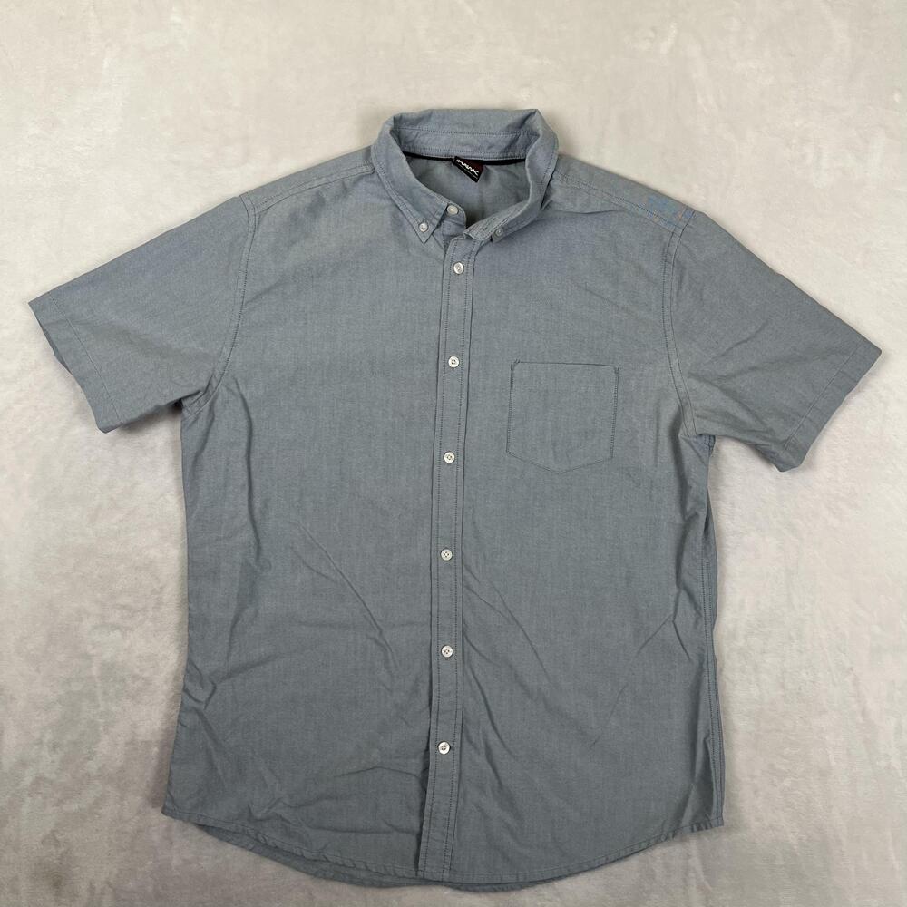 Tony Hawk Shirt Mens XL Blue Solid Chambray Short Sleeve Button Front Casual